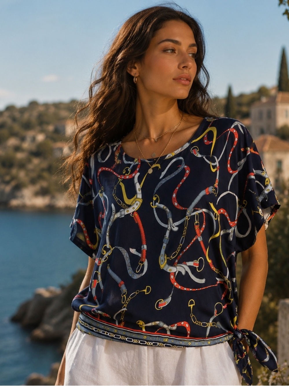 Rafaella Blue and Red Relaxed Tie Front Blouse